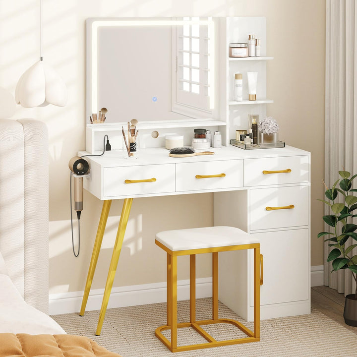 Vanity Desk with LED Mirror and Lights for Bedroom