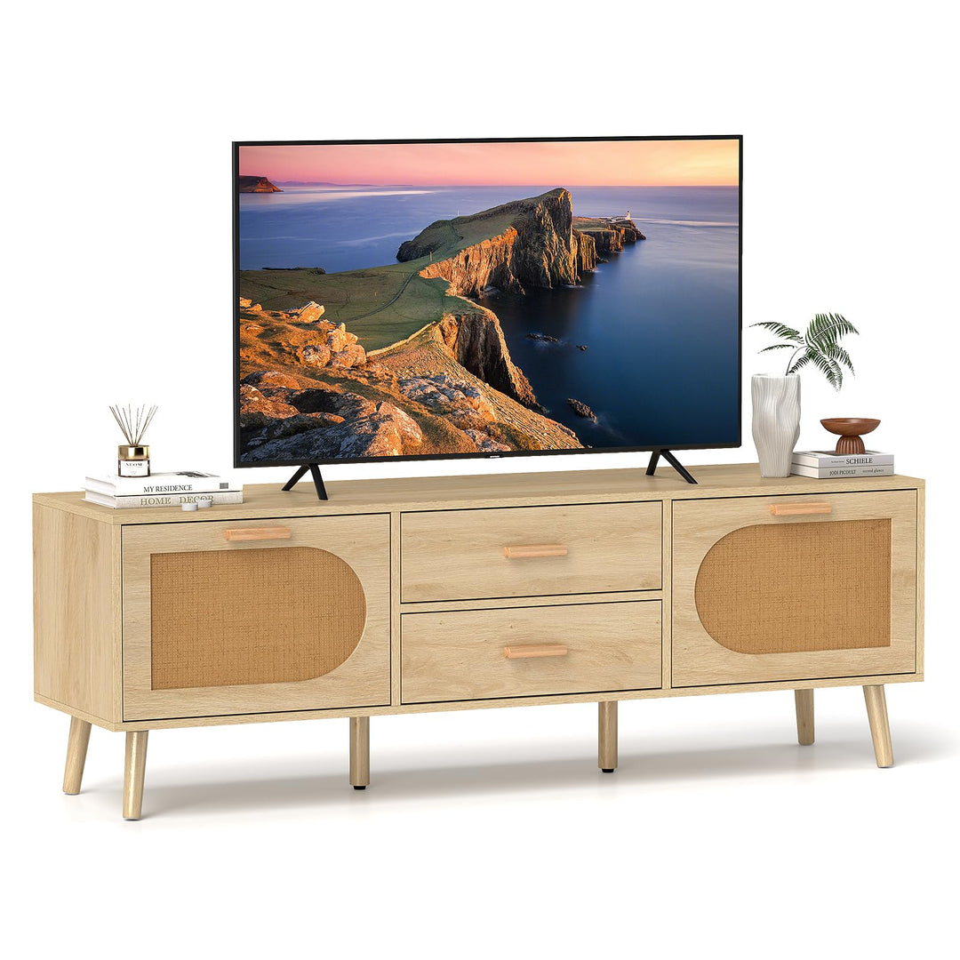 Giantex Rattan TV Stand for TVs up to 65 Inch, 59" TV Console Cabinet with Drawers & Solid Wood Legs