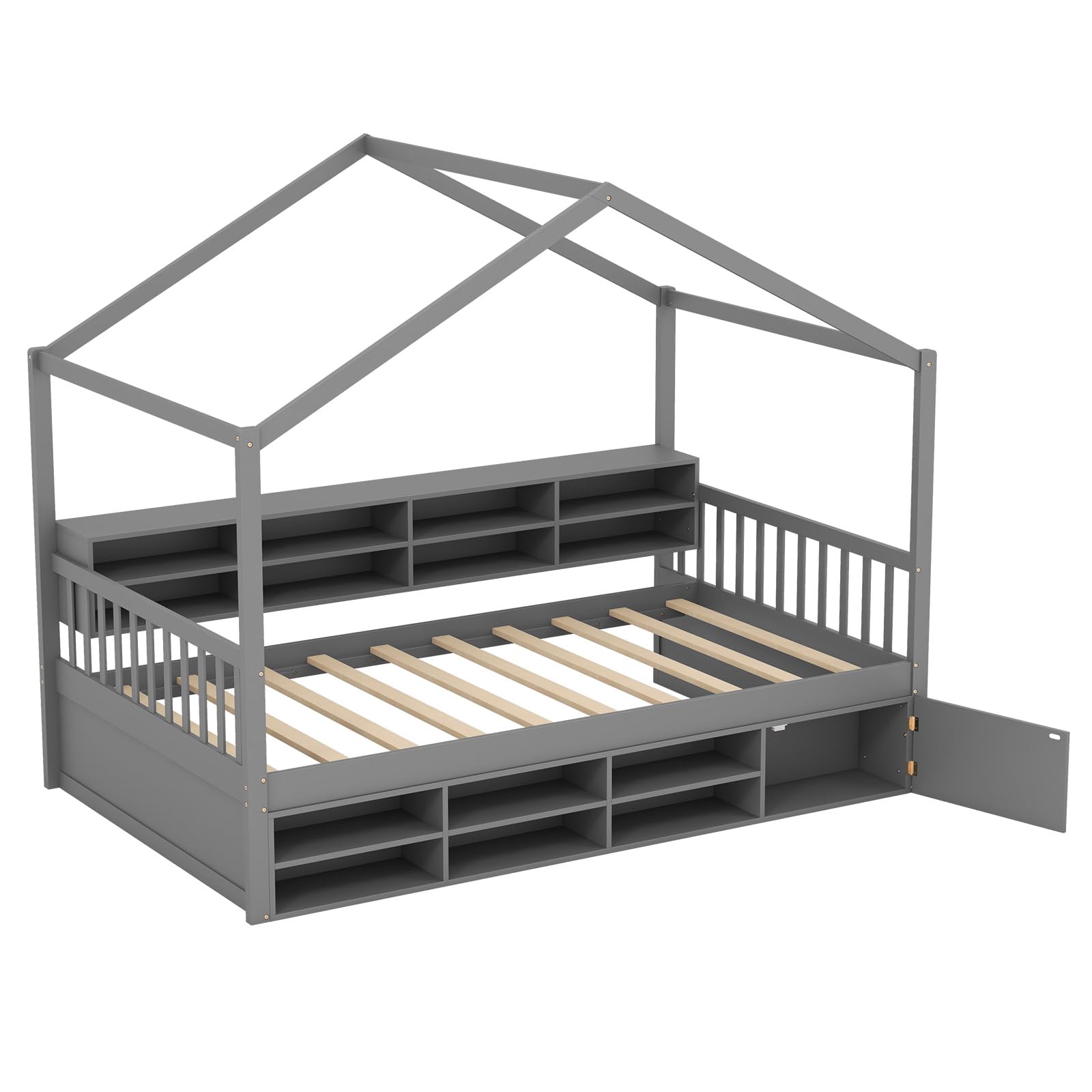 Giantex Twin Size House Bed with Storage, Wooden Montessori House Bed with 14 Storage Cubes