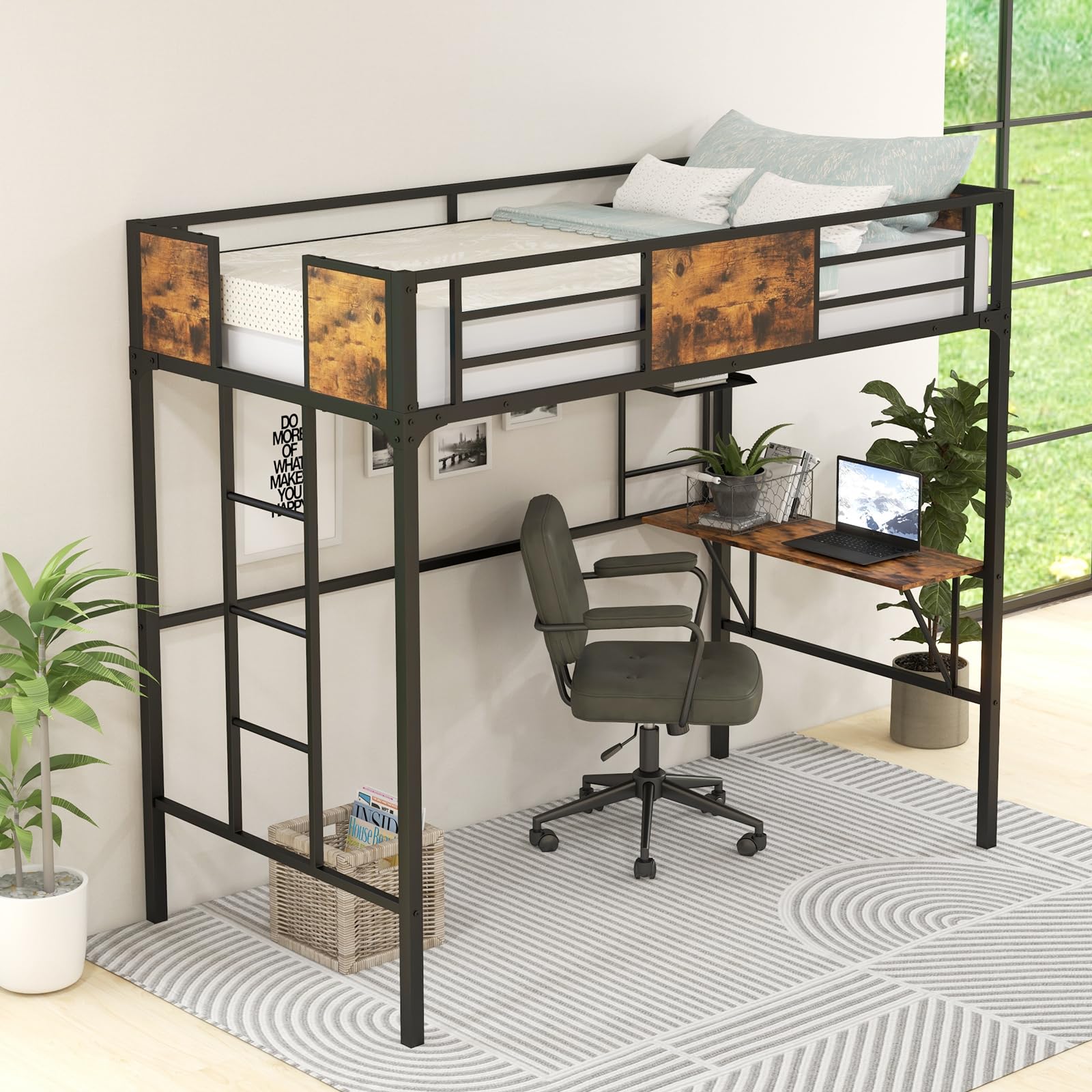 Metal Twin Loft Bed with Desk and Storage Shelf - Giantex