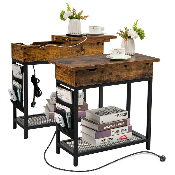 Giantex Set of 2 End Table with Charging Station, Industrial Multifunctional Nightstand