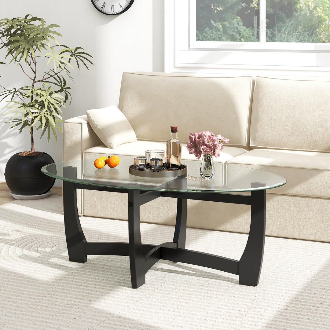 Giantex Glass Coffee Table, 48" Oval Accent Tea Table with Tempered Glass Top & Solid Wood Structure