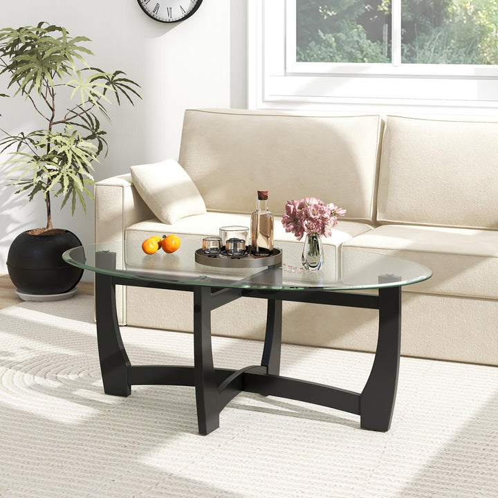 Giantex Glass Coffee Table, 48" Oval Accent Tea Table with Tempered Glass Top & Solid Wood Structure