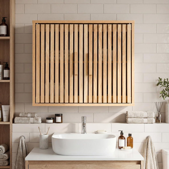 Giantex Wall Mounted Wooden Medicine Cabinet with 2 Slatted Doors
