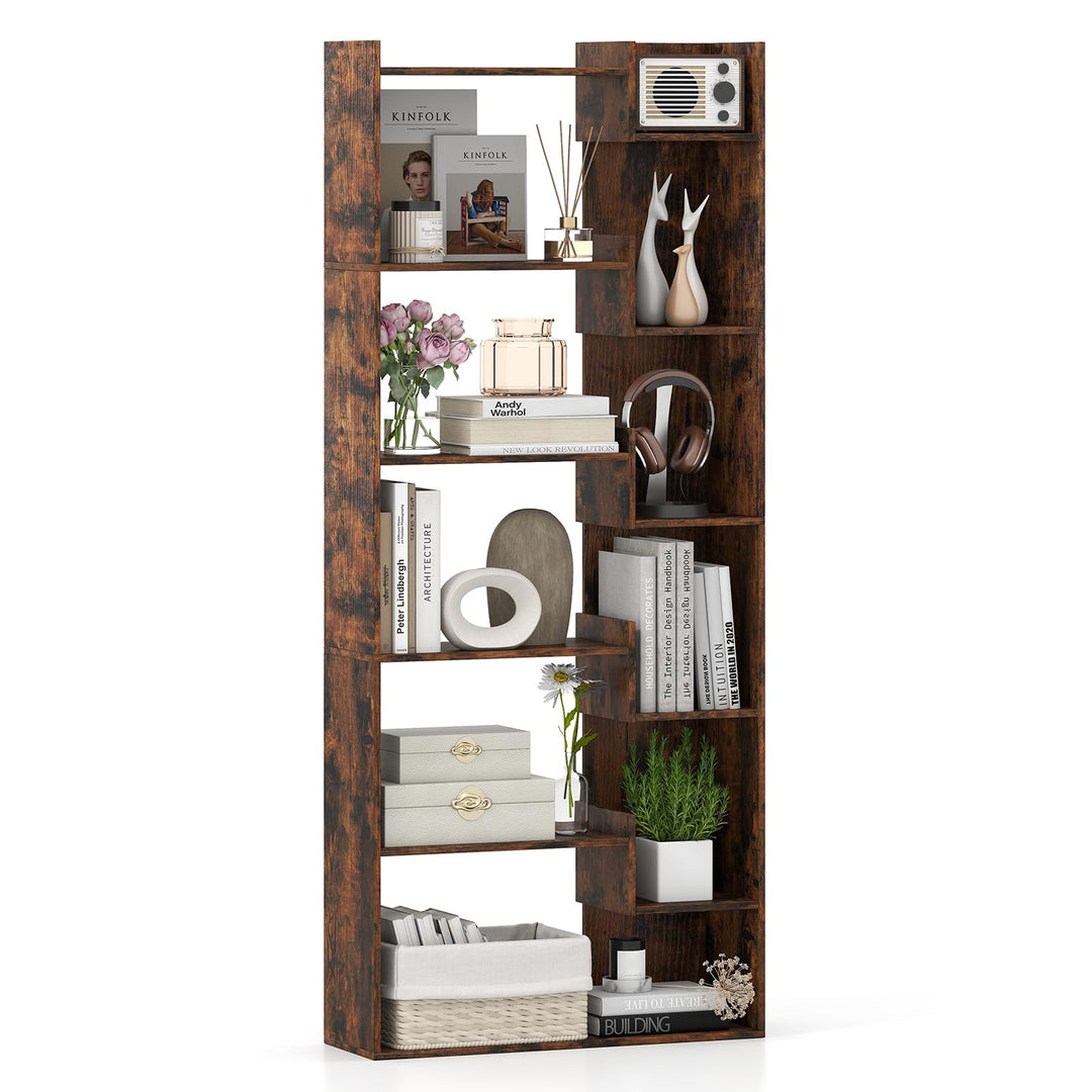 Giantex 6-Tier Bookshelf Wooden Bookcase with Staggered Shelves