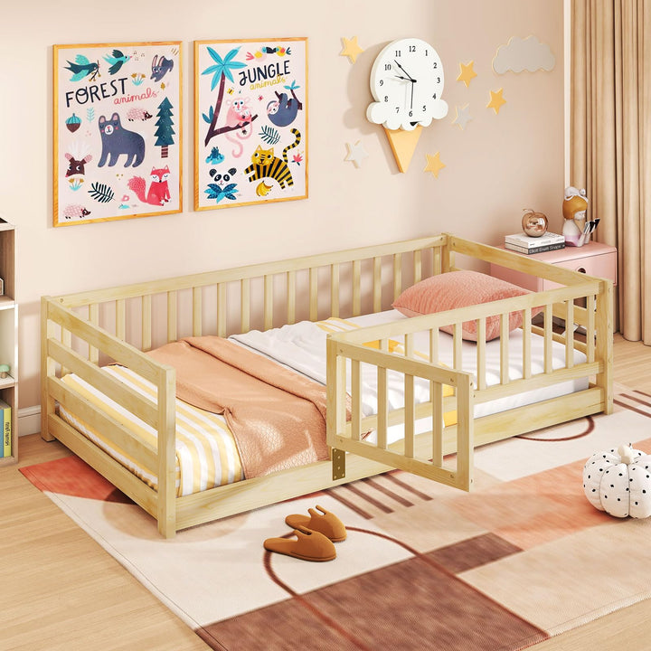 Giantex Twin Floor Bed with High Fence & Door