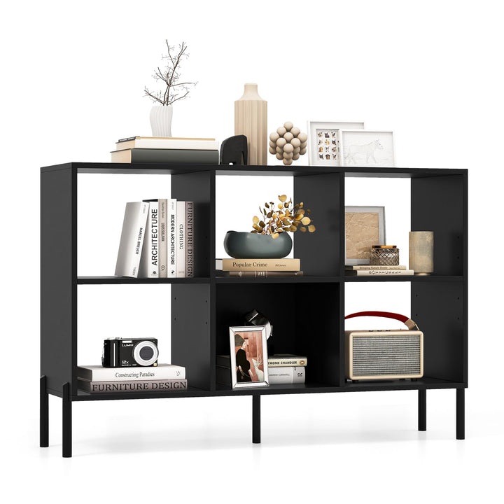 Giantex 6 Cube Bookcase, 3-Tier 47" Long Wood Bookshelf w/ 5 Metal Legs, Adjustable Shelf, Anti-toppling Device