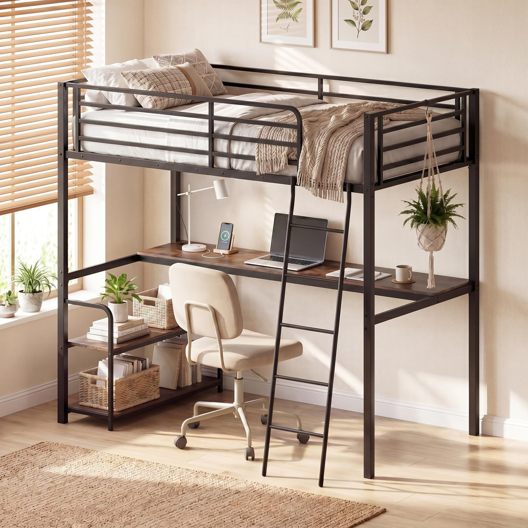 Giantex Twin Loft Bed with Desk &amp; Charging Station
