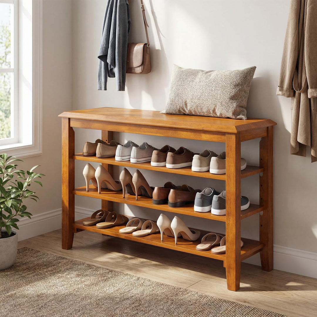 Giantex 4-Tier Rubber Wood Shoe Rack Bench with Adjustable Shelves