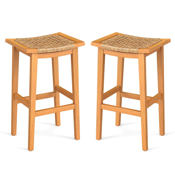 Giantex Outdoor Wooden 29" Bar Stools Set of 2/4 Backless Patio Barstools with PE Rattan Saddle Seat & Footrest