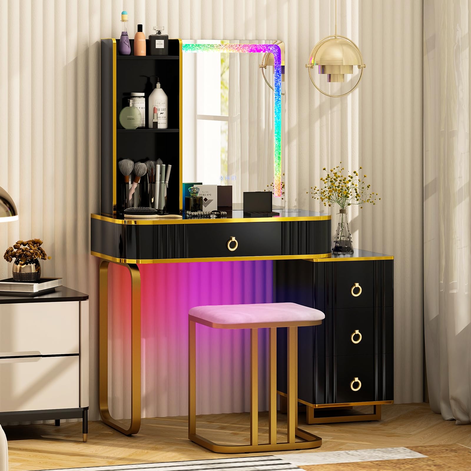 CHARMAID RBG LED Makeup Vanity Table, Colorful Lighted Mirror, 7 Dynamic & 7 Static Modes, 3-Drawer Chest