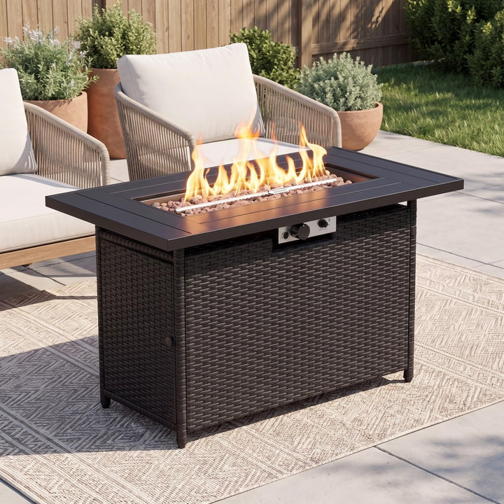 Giantex 42 Inch Propane Fire Pit Table | 50,000 BTU Wicker Gas Fire Table with Removable Lid