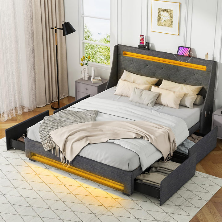 Giantex Full Size Bed Frame with LED Lights & Charging Station, Upholstered Platform Bed with Wingback Headboard