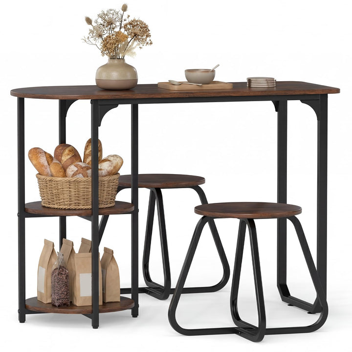 3-Piece Industrial Dining Table Set for Small Space-Rustic Brown