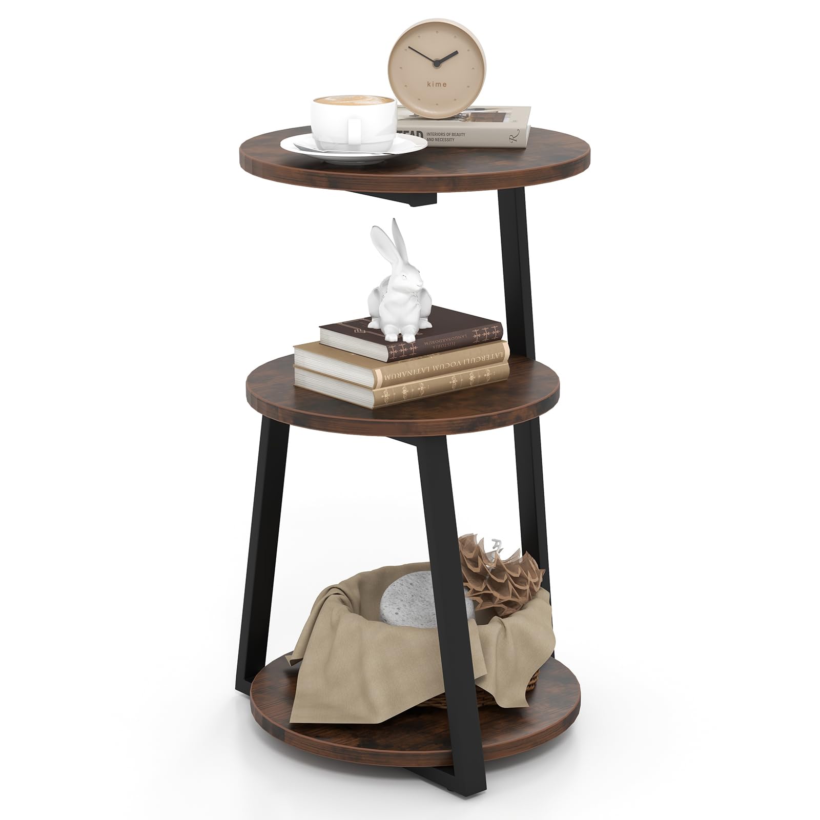 Giantex Round End Table, Industrial Side Table with Sturdy Metal Frame, Coffee Table, 3-Tier Bedside Table for Bedroom, Living Room