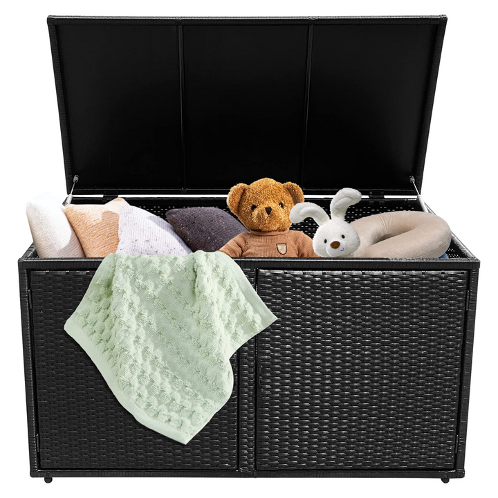 Rattan Deck Box Outdoor&Indoor 88 Gallon Wicker Storage Bench W/Separate Storage Shelf
