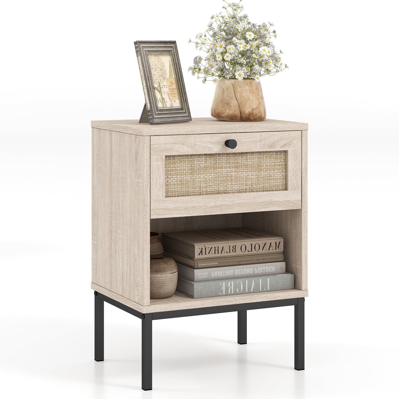 Giantex Rattan Nightstand with Drawer, Boho Side Table with 4 Metal Legs and Open Storage Shelf