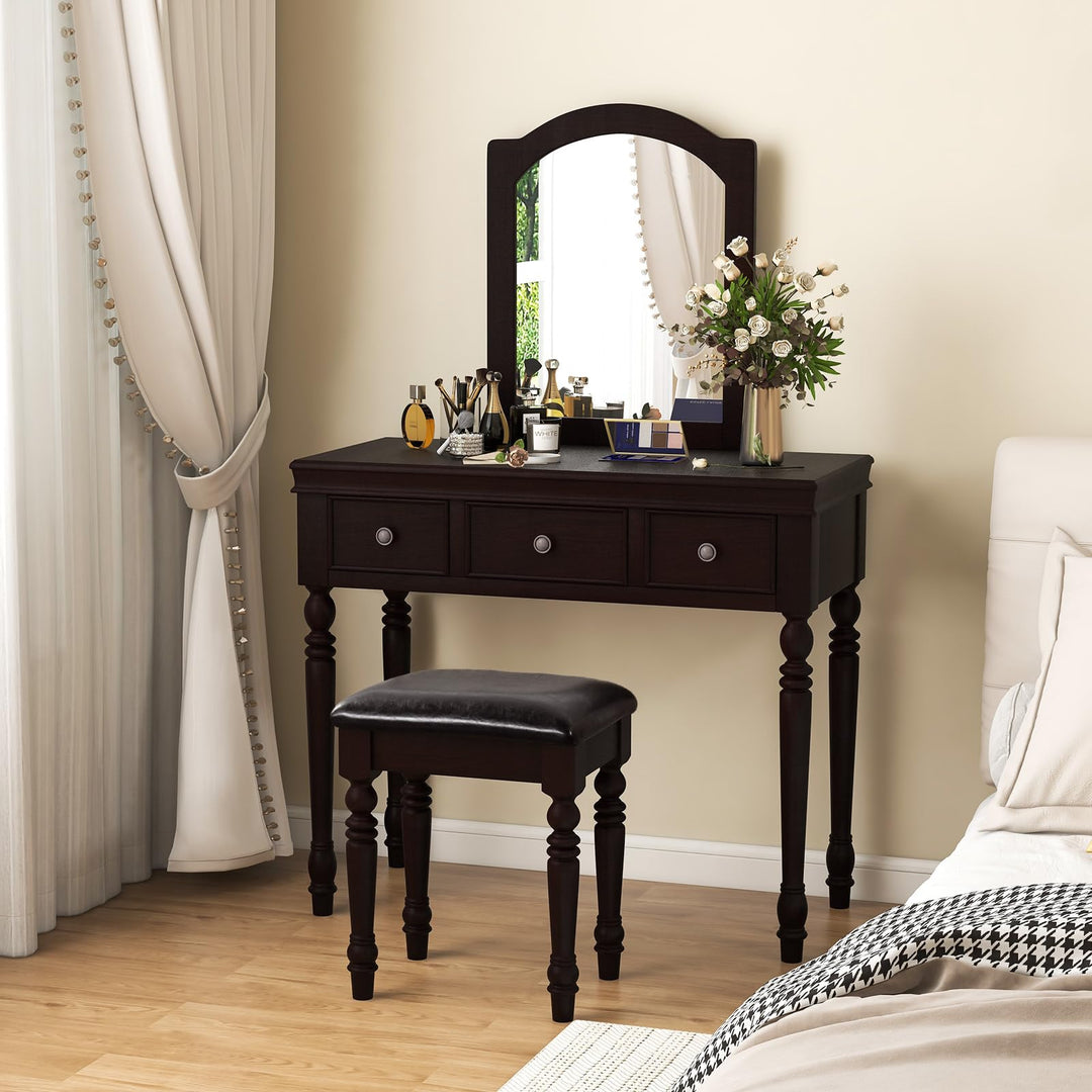 CHARMAID Makeup Vanity Desk with Mirror and Stool, Vanity Table Set with Large Mirror, 3 Drawers, Cushioned Stool