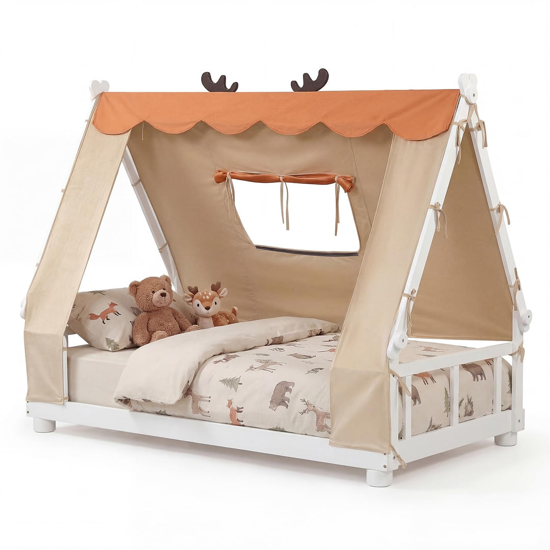Giantex Twin Size House Floor Wood Bed with Tent