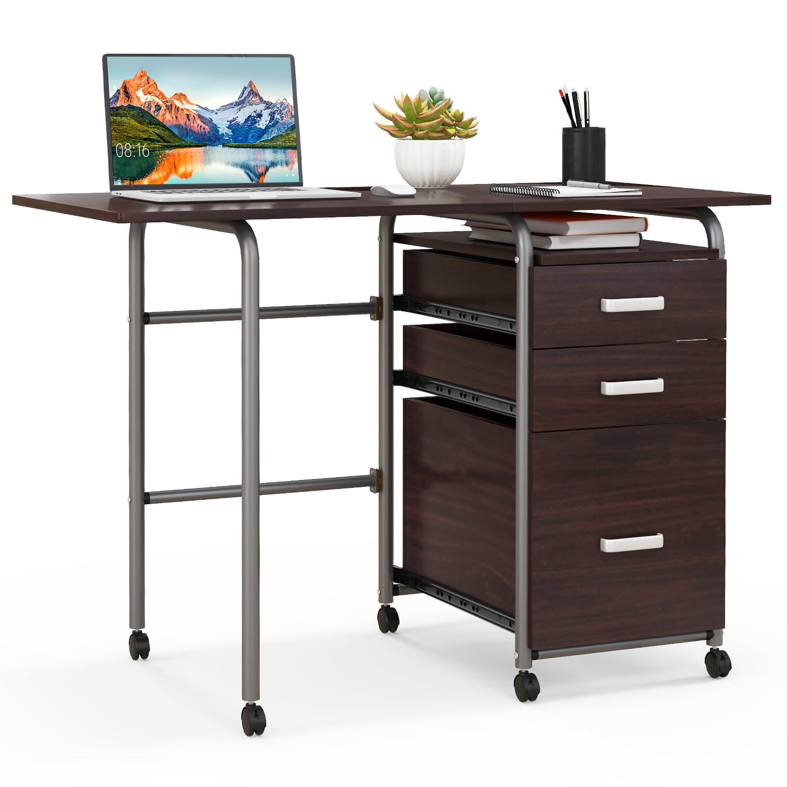 Giantex Folding Desk for Small Space, Rolling Home Office Desk with 3 Drawers & Lockable Universal Wheels
