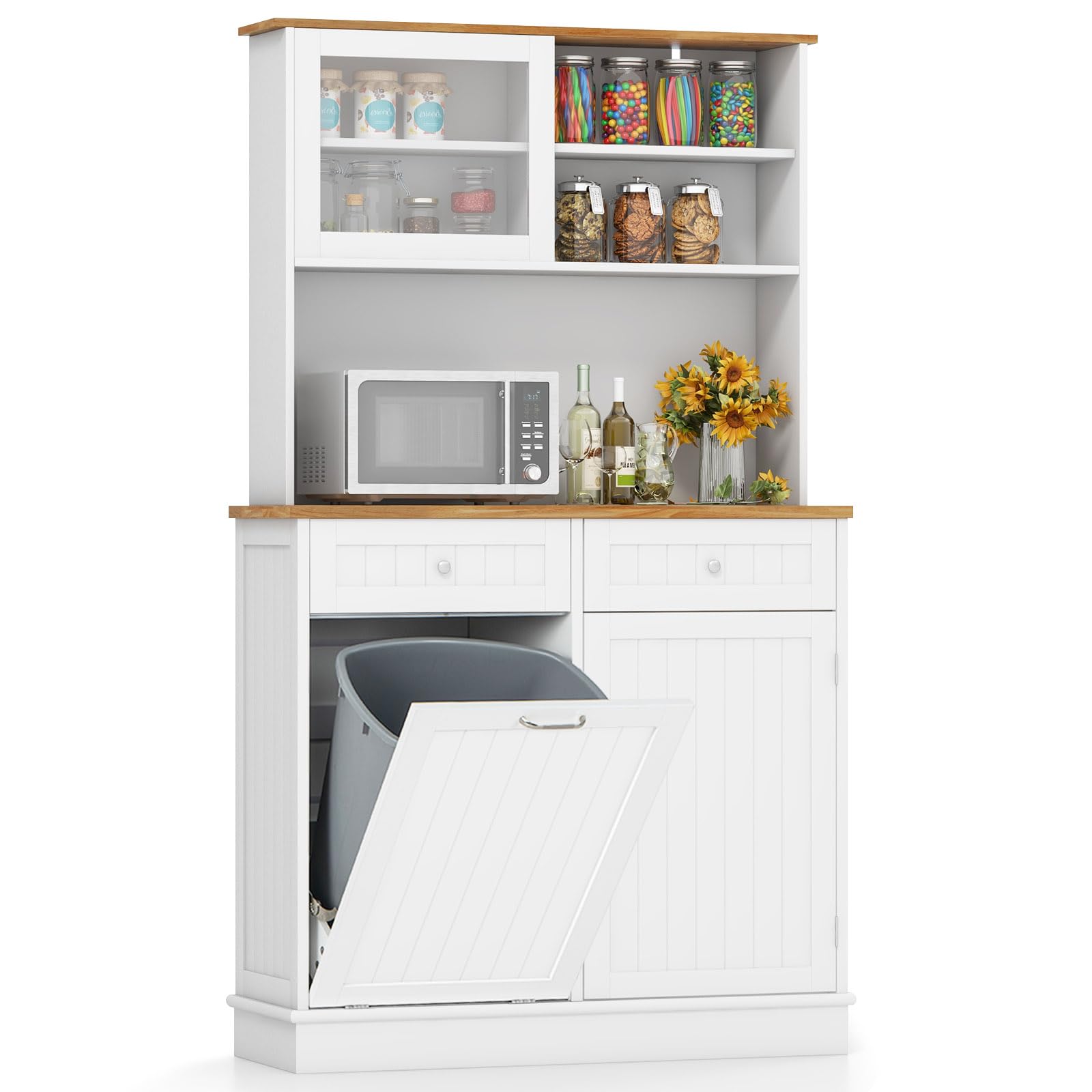 Giantex 68” Tall Kitchen Pantry, Buffet Hutch w/Tilt Out Trash Can Storage Cabinet, 2 Drawer, Shelves