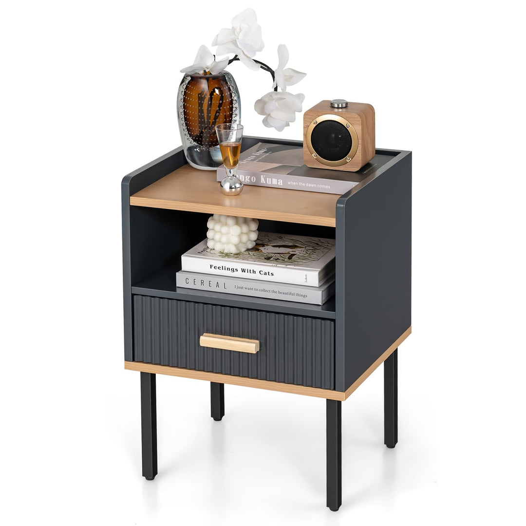 Giantex Modern Nightstand with Drawer - Bedside Table with Open Shelf, Gray