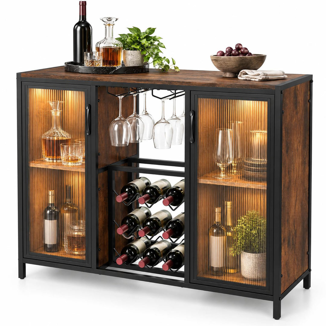 GIANTEX Modern Coffee Bar Cabinet with Wine Racks &amp; LED Lights