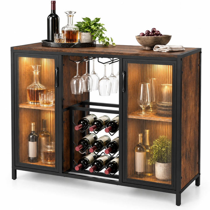 GIANTEX Modern Coffee Bar Cabinet with Wine Racks &amp; LED Lights