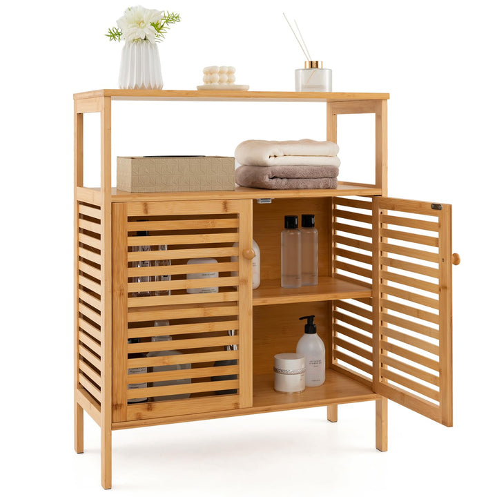 Giantex Storage Cabinet, Bamboo Bathroom Floor Cabinet with Double Louvered Doors