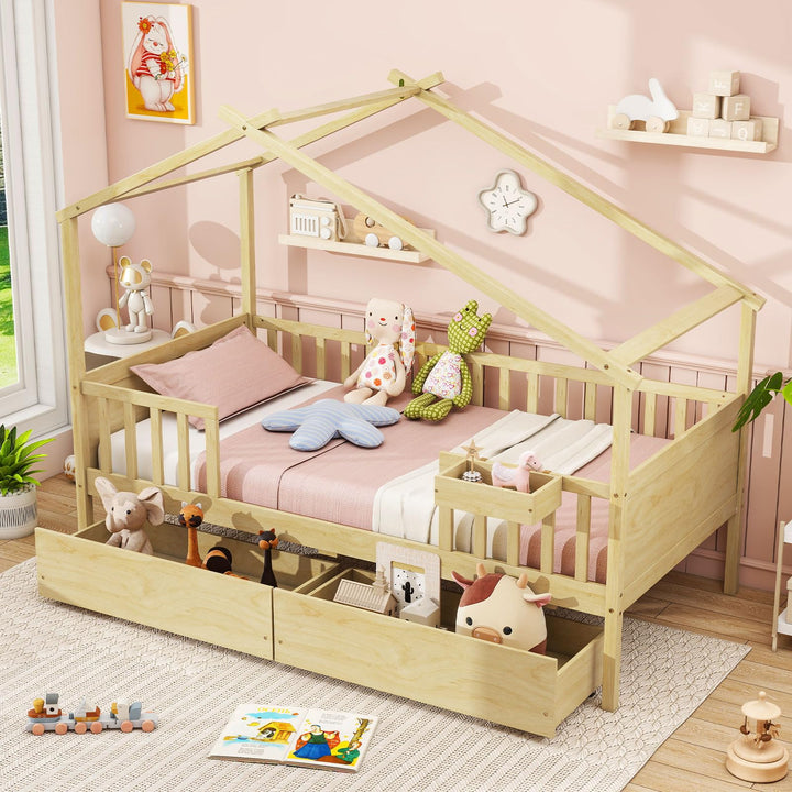Giantex Twin House Bed with Drawers, Wooden Twin Bed Frame with Cube Storage & Fence Rails