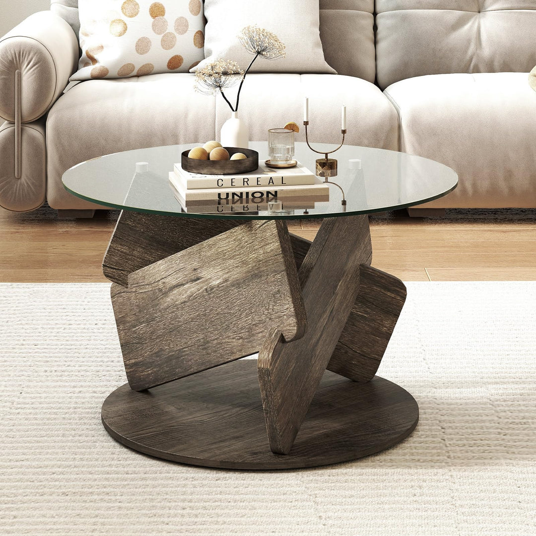 Giantex 32inch Glass Round Coffee Table with Clear Tempered Glass Top Solid Wood Legs