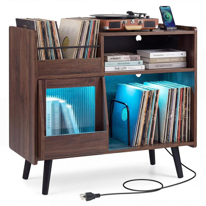 Giantex Record Player Stand with LED Light and Power Outlets Large Turntable Stand with Sliding Door