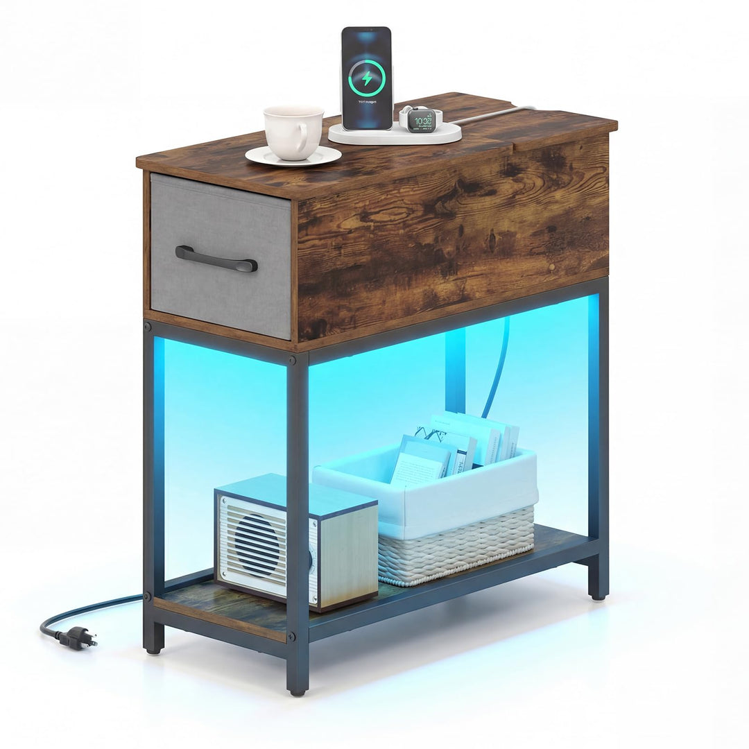 Giantex Narrow Side Table with Charging Station and LED Lights Industrial End Table
