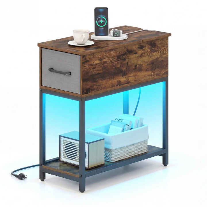 Giantex Narrow Side Table with Charging Station and LED Lights Industrial End Table