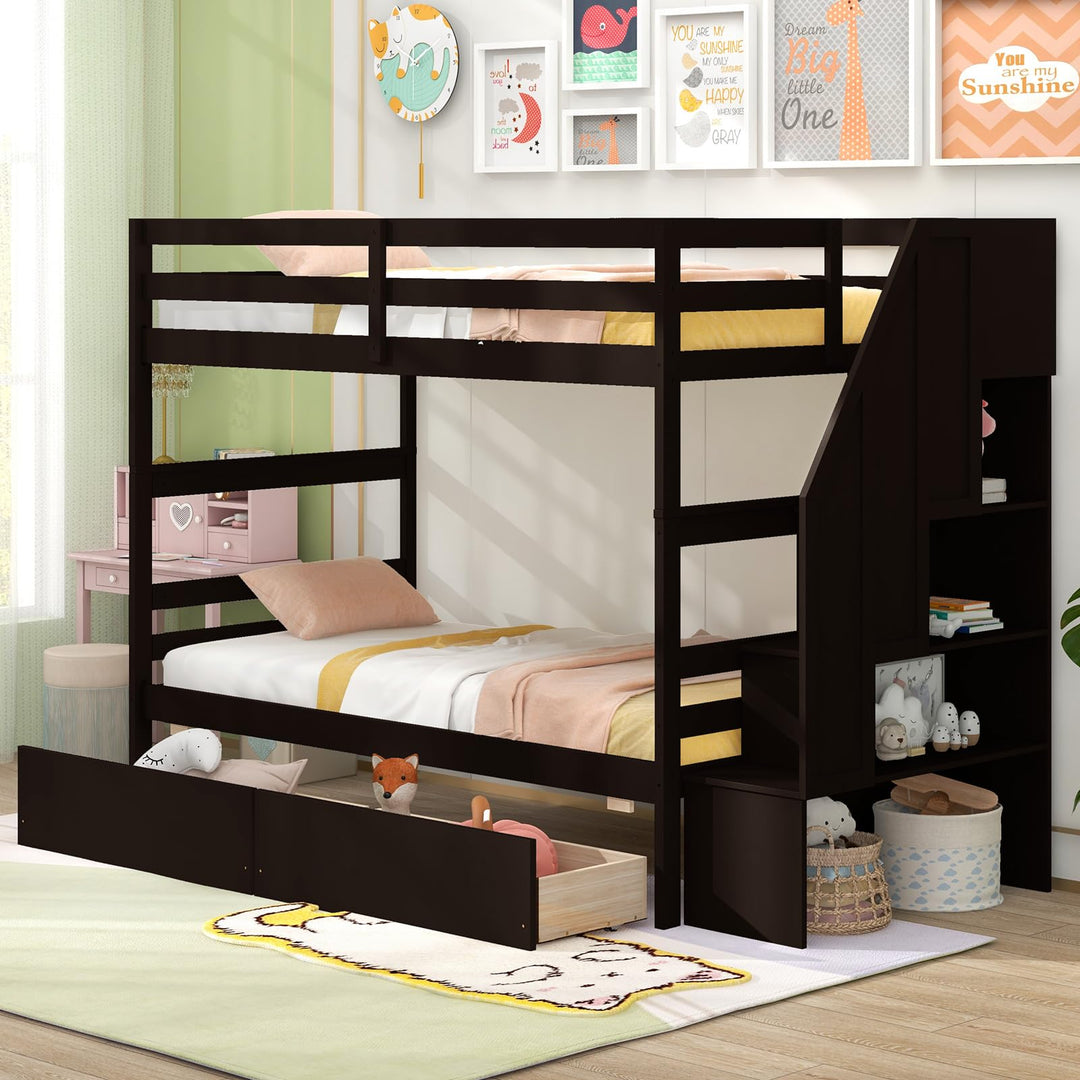 Giantex Bunk Bed Twin Over Twin with Storage Stairs & Drawers, Solid Wood Bunk Bed with Full-Length Guardrails