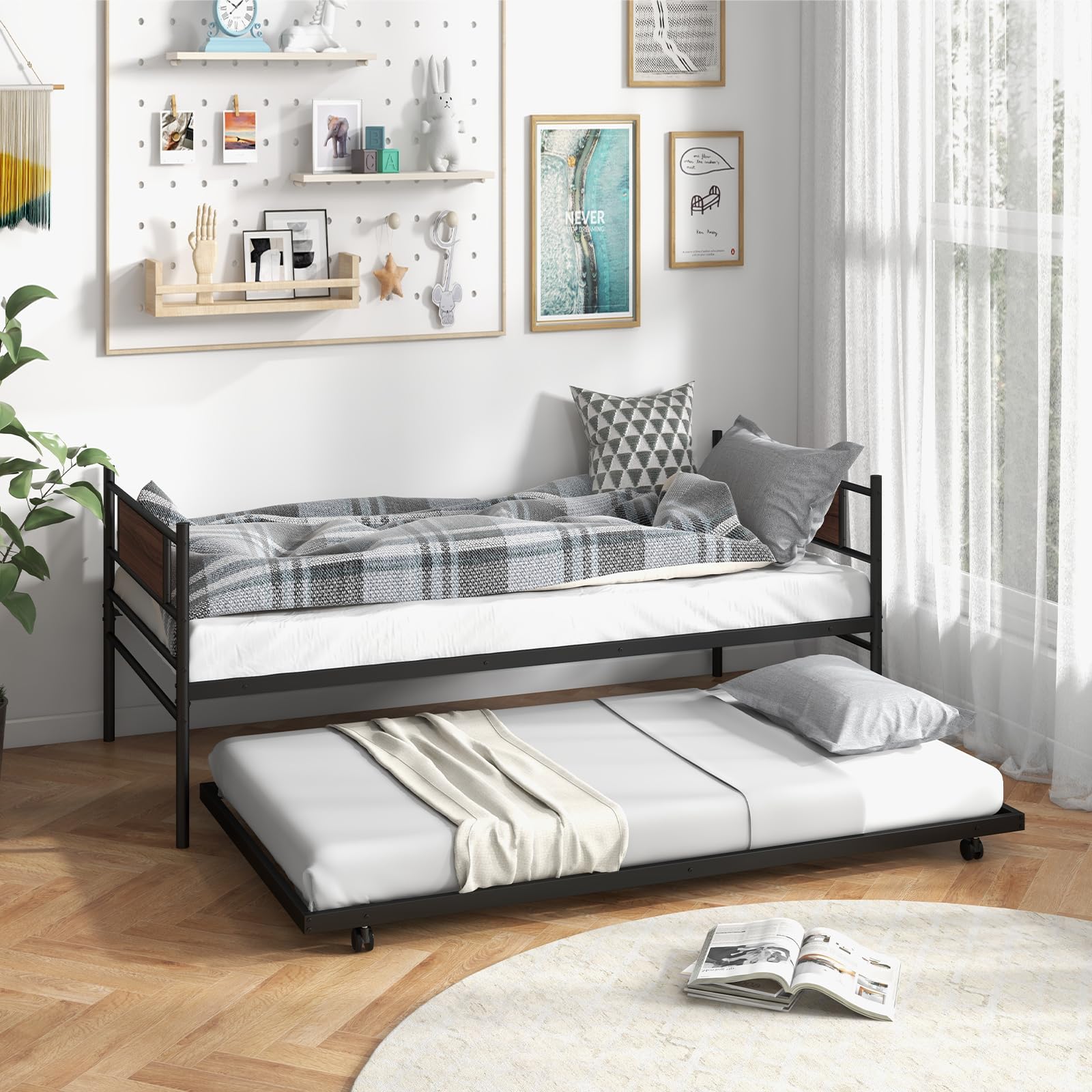 Giantex Metal Daybed with Trundle, Twin Size Day Bed with Wood Grain Headboard & Metal Slat Support
