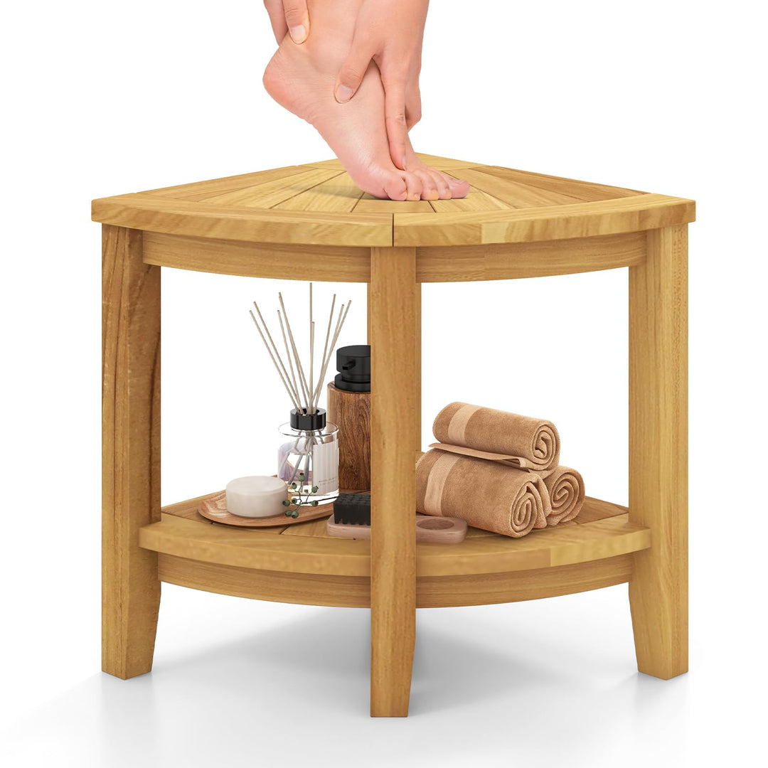 Giantex Corner Shower Stool - Teak Wood Shower Bench Seat with Storage Shelf for Shaving Legs