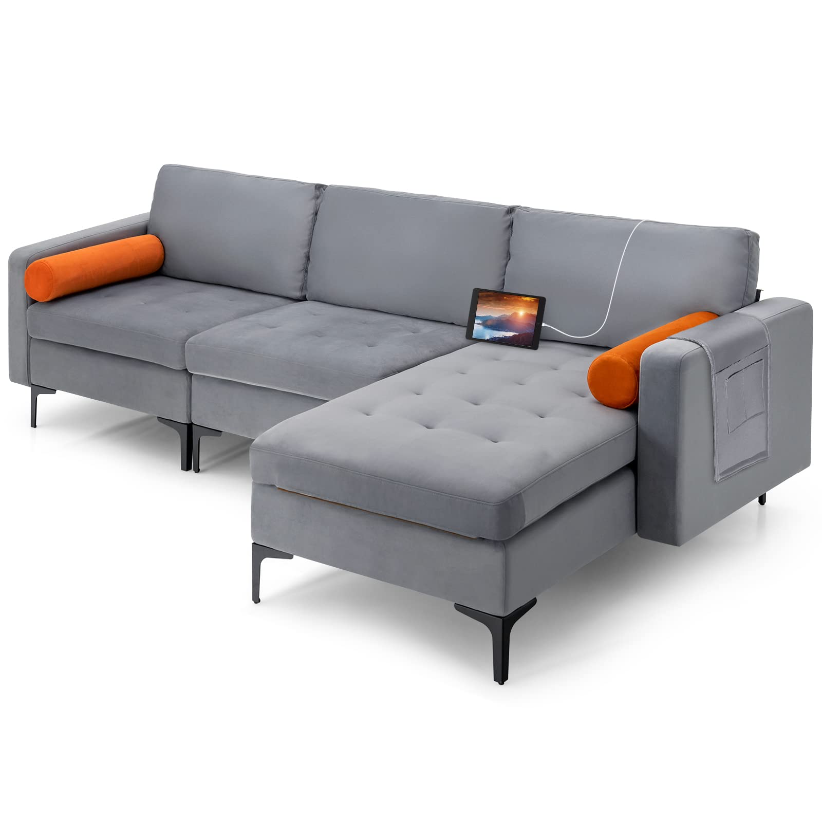 Giantex 97" Large Couch, 3 Seat Sectional Sofa Set, L-Shaped Modular Sleeper with Chaise Lounge & USB Port & Socket