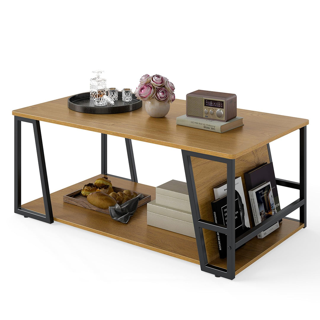 Giantex Rectangle Coffee Table 2-tier Industrial Accent Table with Storage Shelf and Compartment