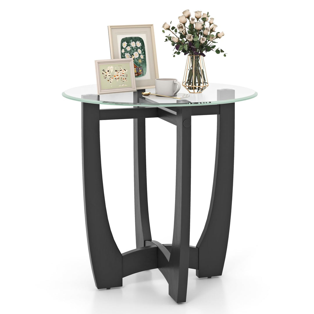 Giantex Glass End Table, Round Side Table with Rubber Wood Frame & Tempered Glass Top, 23.5" Small Black Coffee Table