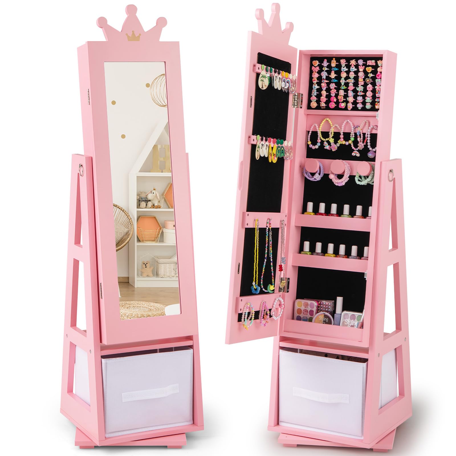 CHARMAID 360° Swivel Kids Jewelry Cabinet, 47" Full Length Mirror with Jewelry Storage