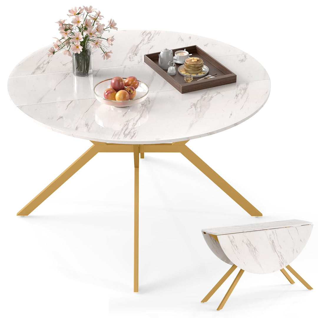 Giantex Folding Dining Table for 4-6 People 47" Round Drop Leaf Table with Metal Frame