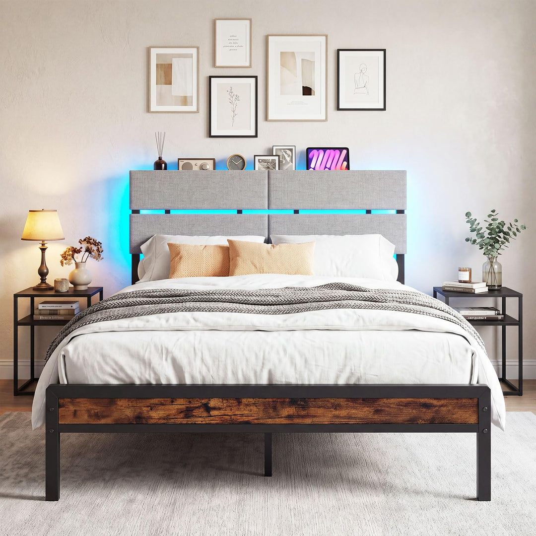 Full Size Metal Bed Frame with Upholstered Headboard &amp; Charging Station