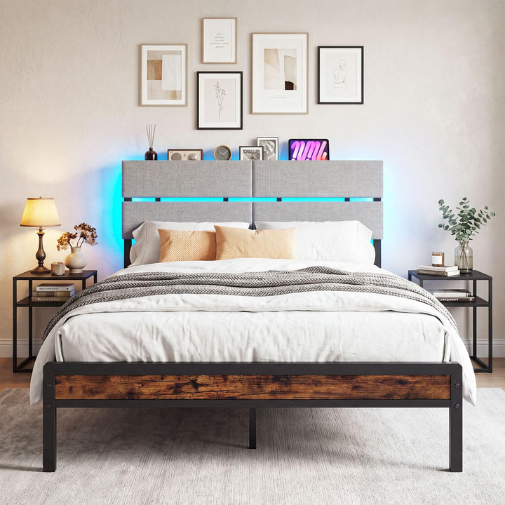 Full Size Metal Bed Frame with Upholstered Headboard &amp; Charging Station