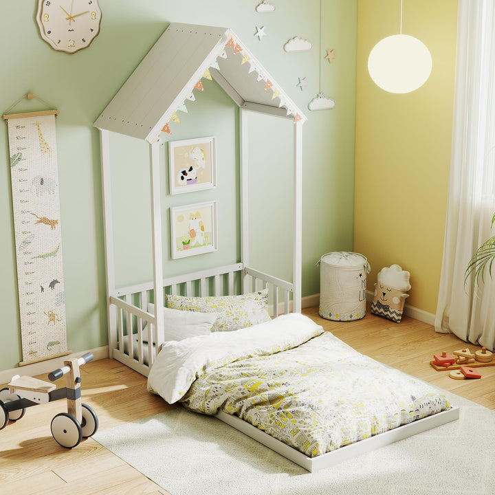 Giantex Twin Size House Bed Montessori Floor Bed with House Shape Roof & Semi-Fence