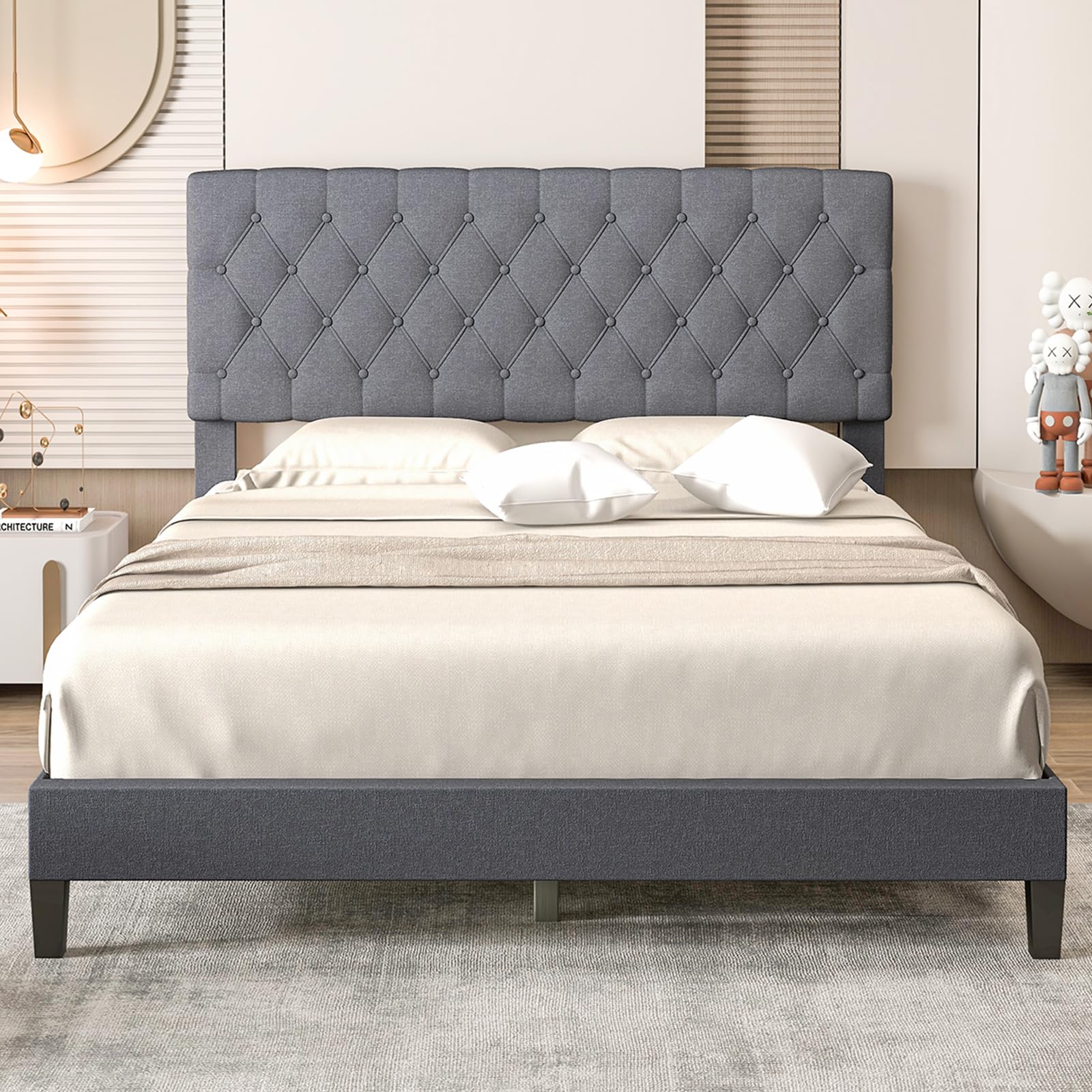 Giantex Queen Bed Frame, Upholstered Platform Bed with Button Tufted Headboard and Solid Wooden Slats Support