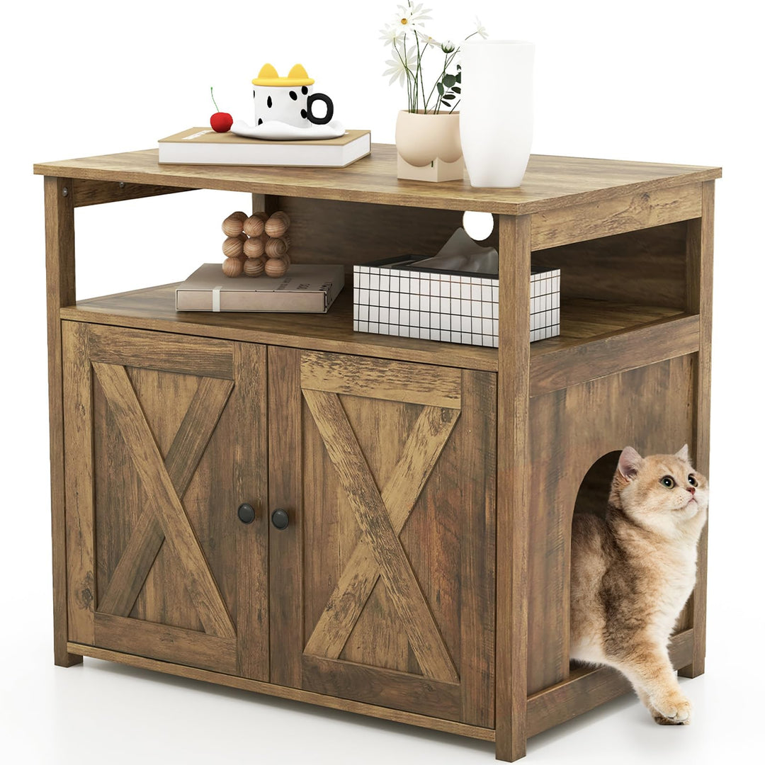 Giantex Cat Litter Box Enclosure - Litter Box Hidden Furniture with Barn Door, Inner Divider, Side Entry, Storage Shelf