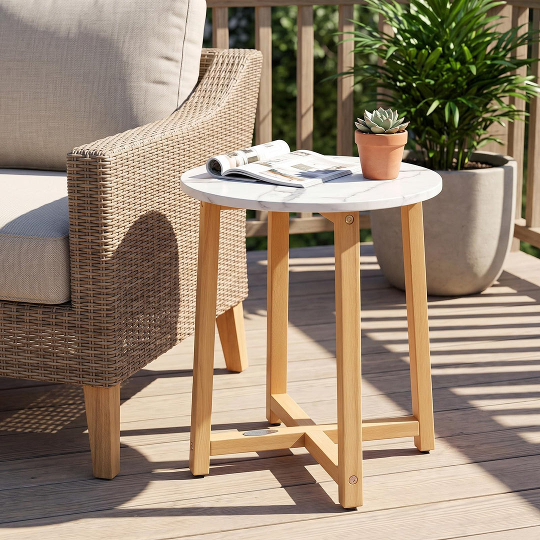 GIANTEX 16" Round Side Table Faux Marble End Table with Acacia Wood Legs