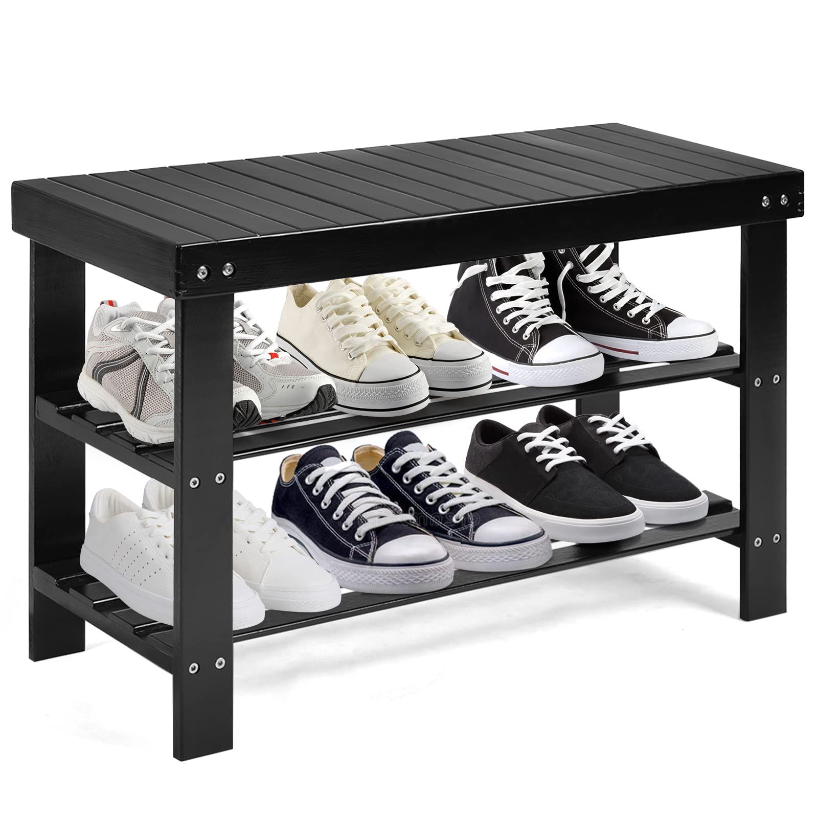 Giantex 3-Tier Shoe Bench, Industrial Shoe Rack with 2 Mesh Storage Shelves  for Entryway, Hallway, Bathroom or Living Room, Shoe Organizer (Gray)