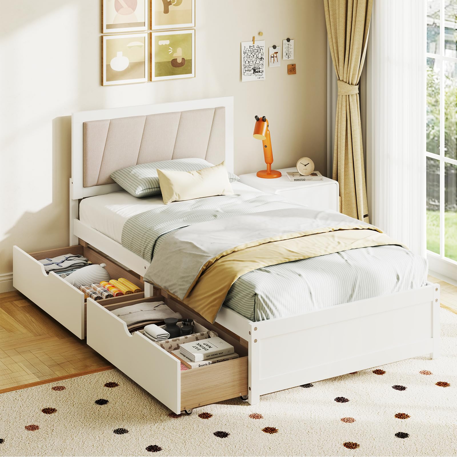 Giantex Wood Twin Bed with 2 Storage Drawers, Solid Wood Platform Bed with Upholstered Headboard